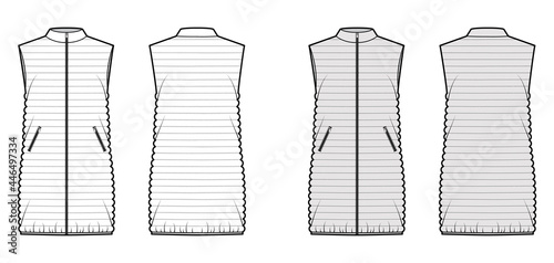 Down vest puffer waistcoat technical fashion illustration with stand collar, zip-up closure, loose fit, thigh length, narrow quilting. Flat front, back, white, grey color style. Women, top CAD mockup