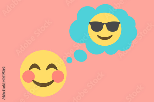 smiling face emoji and thought bubble with happy cool face with sunglasses on pink background,concept vector illustration