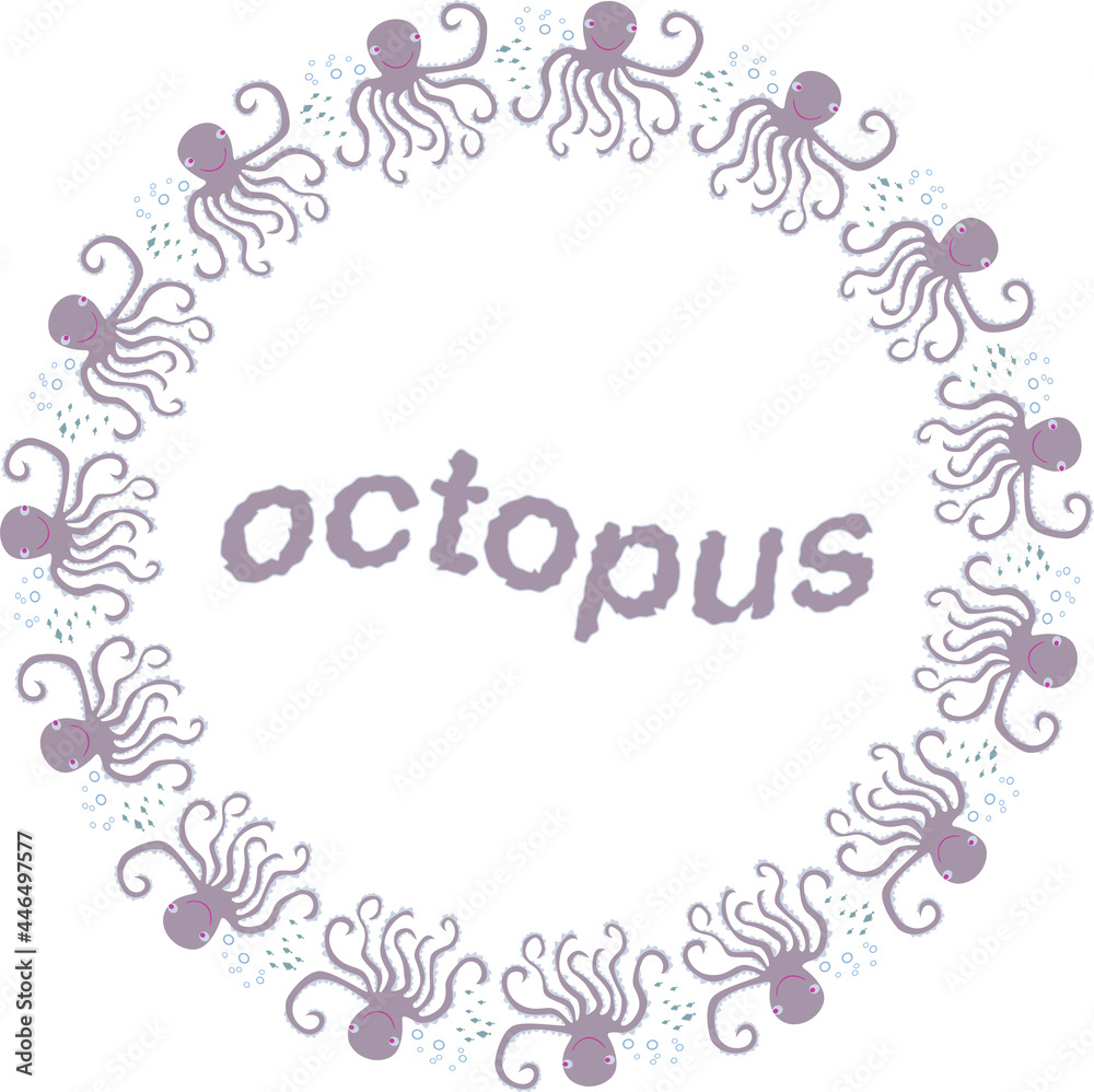 Decorative vector round border of cartoon funny octopuses