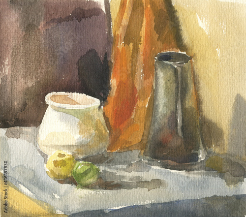 Tablou pe pânză Watercolor drawing of still life from pot,bowl, and apples on grey table with or
