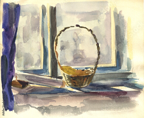 Fotografie Watercolor drawing of still life from basket and books lying on window with purp