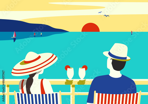 Couple enjoy ocean cruise vacation vector poster. Female, male watching sunset simple pop art style illustration. Tourists relax sailing on cruise ship vessel. Romantic seascape scenic view background
