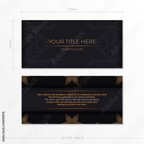 Luxurious black postcard template with vintage abstract ornament. Elegant and classic vector elements are great for decoration.