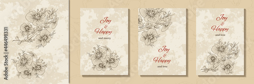 a set of art background, a postcard, a banner with an inscription under the text. hand-drawn branches, Orchid flowers in a minimalist style. modern background for holiday, print,  ideas. vintage 