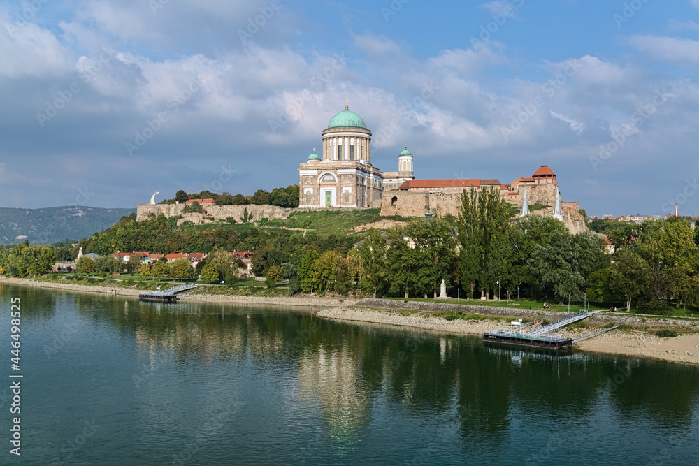 View on Esztergom Basilica at Castle Hill from a bridge across Danube, Hungary. The Primatial Basilica of the Blessed Virgin Mary Assumed Into Heaven and St. Adalbert was built in 1822-1869.