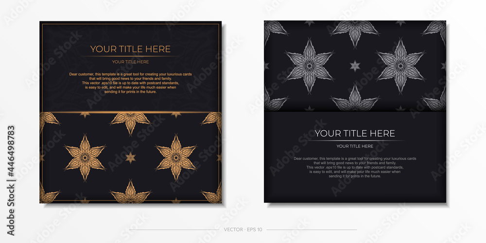 Luxurious black postcard template with vintage abstract mandala ornament. Elegant and classic vector elements ready for print and typography.