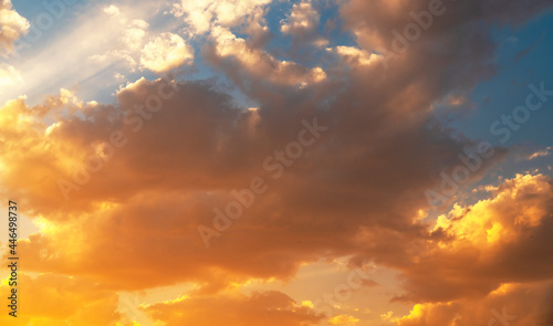  Beautiful sky with colorful bright clouds after sunset. Sky nature background.