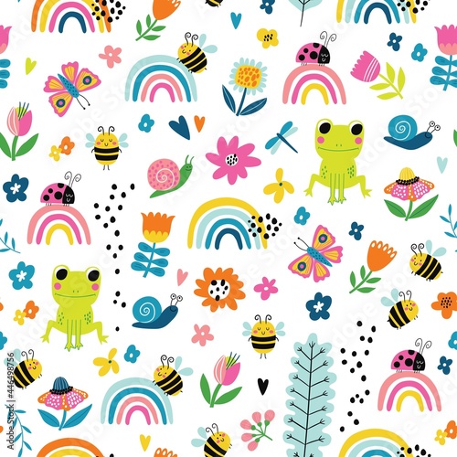 Seamless childish pattern with rainbows, frogs, bee, ladybird and flowers in Scandinavian style. Perfect for wallpaper, fabric texture, wrapping paper