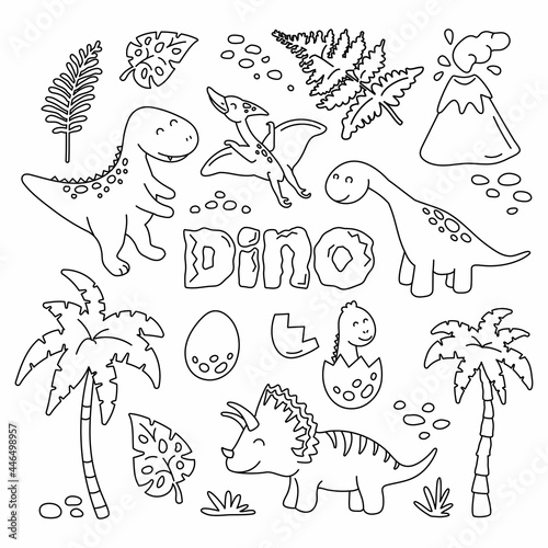 Cute dinosaurs and tropic plants in outline collection. Funny cartoon dino set. Hand drawn vector set for kids. Coloring page