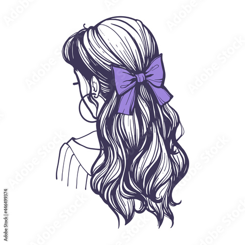 Hairstyle with a purple bow on long hair. Beautiful female hairstyle with retro style hair accessory. Hand drawn vector illustration in doodle style isolated on white background.
