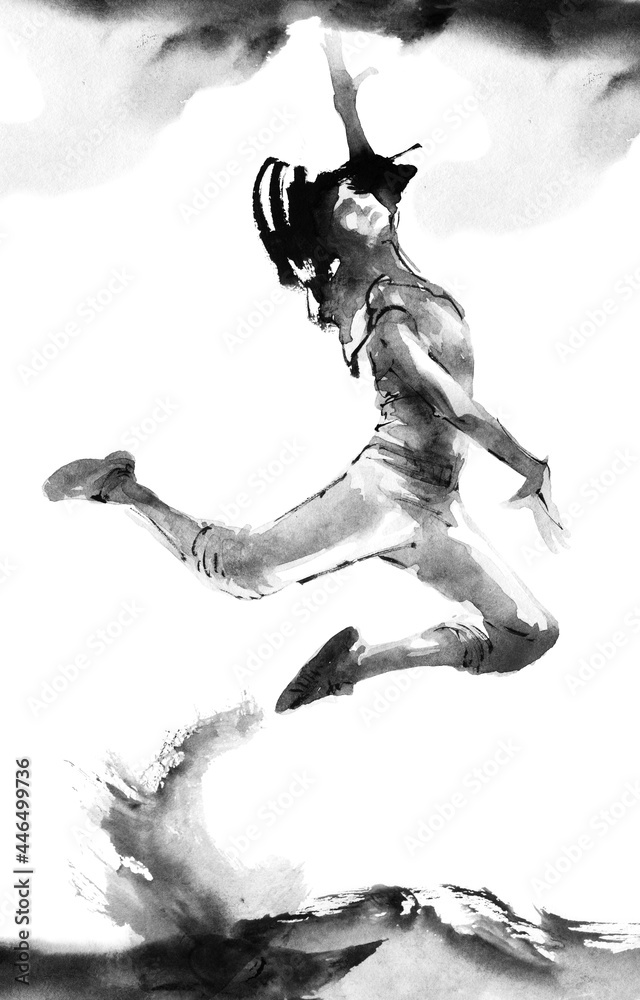 Obraz premium Watercolor dancing girl with flying hair