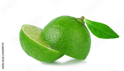 Foto Lemon lime, cut, with a leaf, isolated on a white background