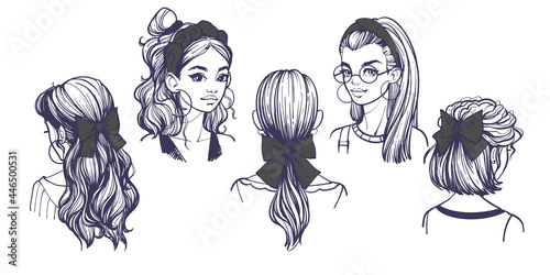 Women's hairstyles with hair accessories, bows and headbands. Set with hand drawn vector illustrations with cute fashionable girls isolated on white. Hairstyle ideas with ribbons and hairpins.