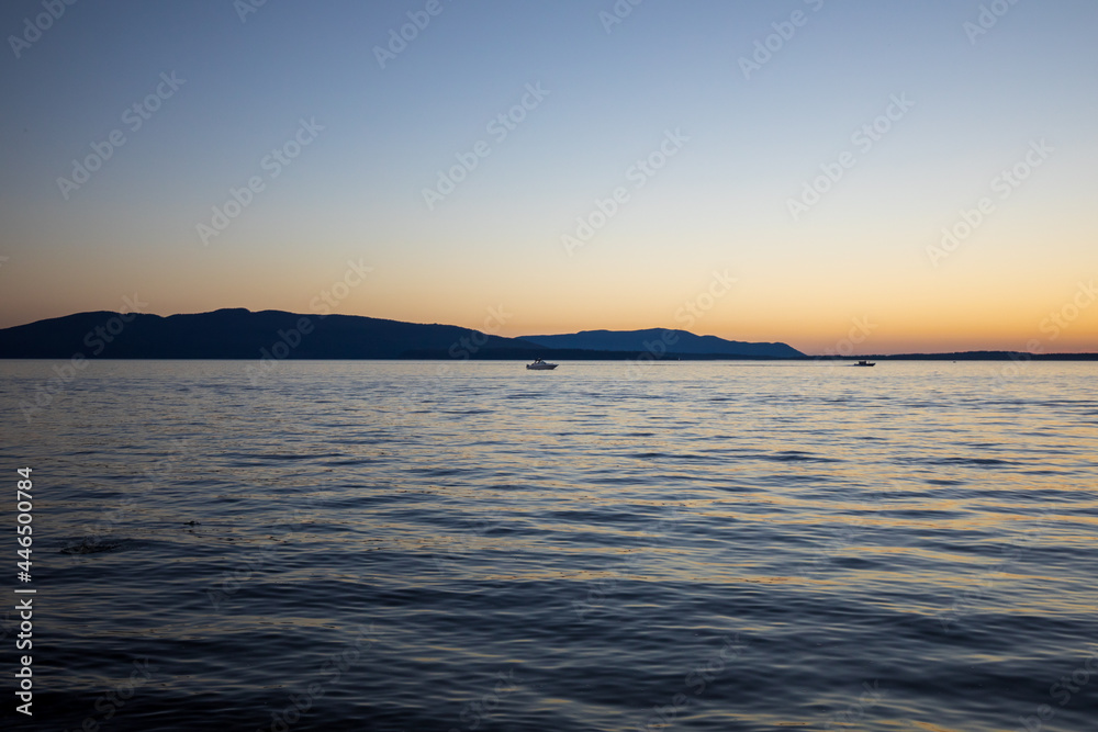 Sunset at Bellingham Bay, Washington. Cornwall Beach Park. Blue hour ocean view.