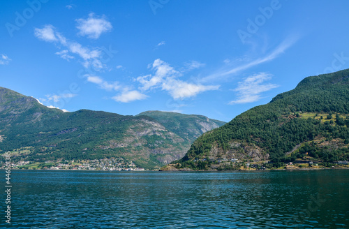 Beautiful nature natural landscape of the branch of Sognefjord famous for his beautiful boat trip through the fjord on summer day. Norway.