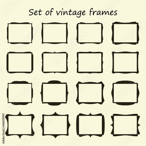 Set of black vintage frames. Blank borders of various shapes. Vector retro labels, elements for your design.