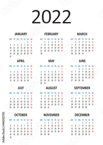 Yearly calendar 2022. Week starts from Monday. Vector illustration