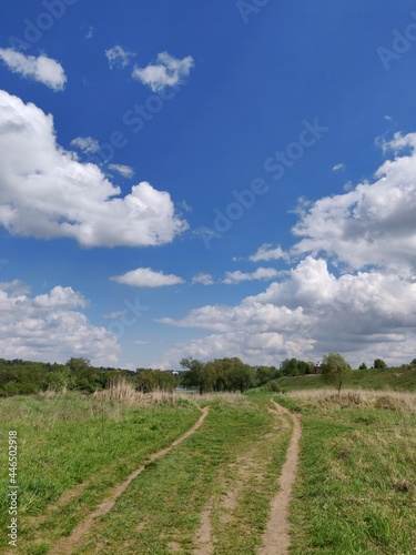 picturesque road in the summer field and blue sky with clouds
