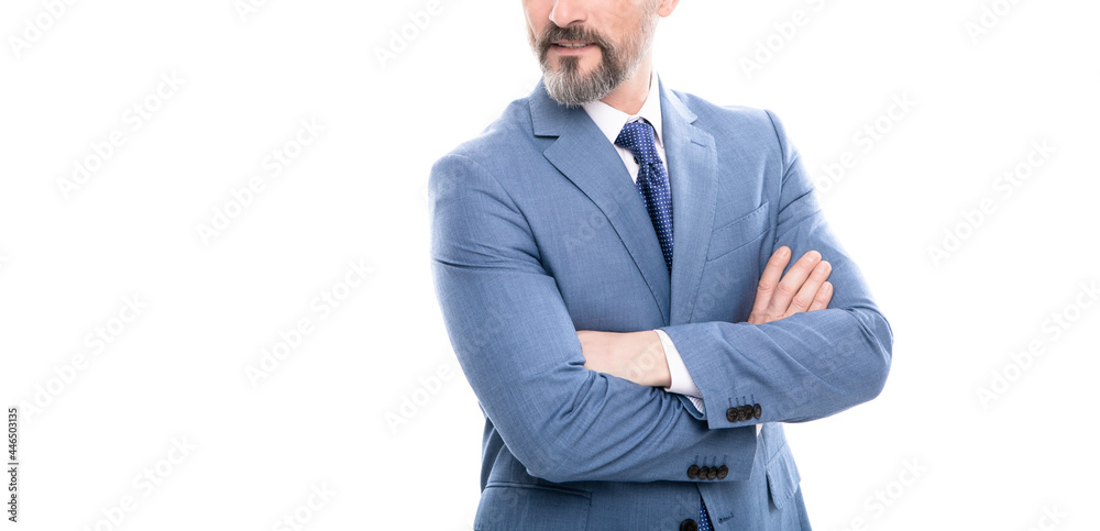 cropped grizzled business man in suit crossed hands isolated on white copy space, confidence. cropped grizzled business man in suit crossed hands isolated on white copy space, confidence.