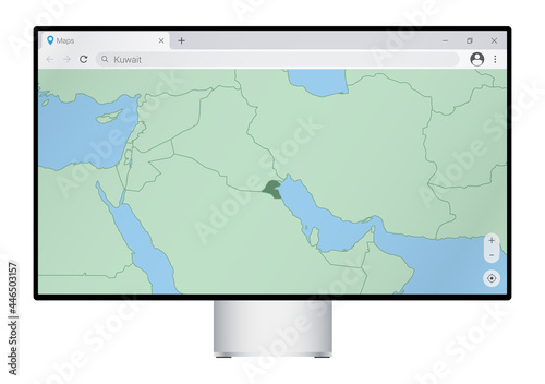 Computer monitor with map of Kuwait in browser, search for the country of Kuwait on the web mapping program.