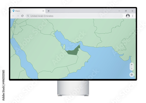 Computer monitor with map of United Arab Emirates in browser, search for the country of United Arab Emirates on the web mapping program.