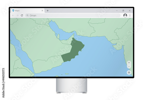 Computer monitor with map of Oman in browser, search for the country of Oman on the web mapping program.