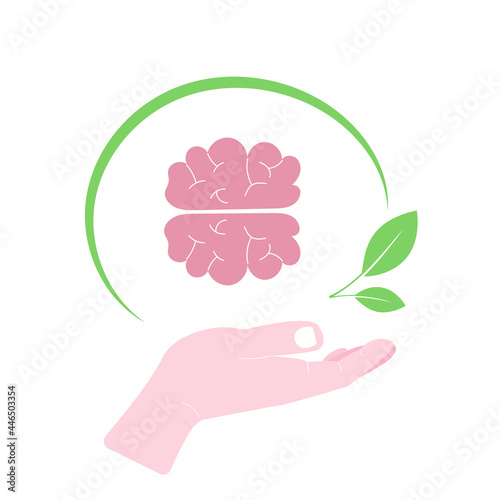 Mental health of the brain. In the hand of a human brain and green leaves. Flat vector illustration, isolated on a white background. 