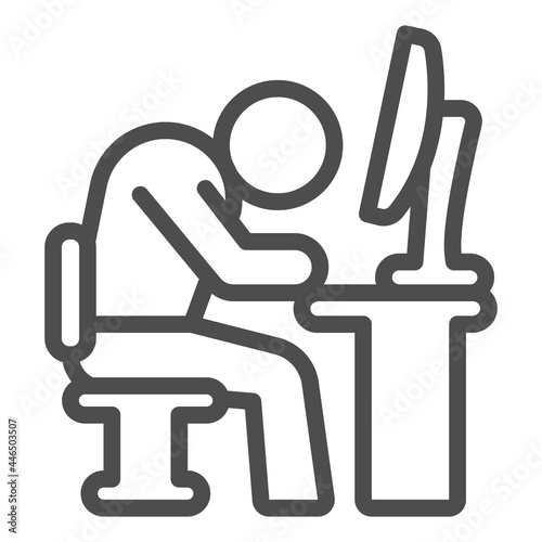 Tired employee line icon, officesyndrome concept, tired employee vector sign on white background, man at monitor outline style for mobile concept and web design. Vector graphics.