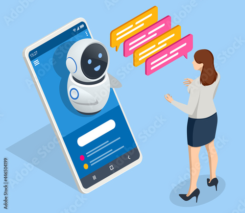 Isometric artificial intelligence. Chat bot and future marketing. AI and business IOT concept. Mans and women chatting with chatbot application. Dialog help service.