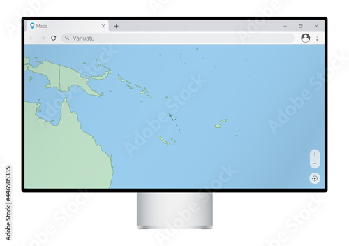 Computer monitor with map of Vanuatu in browser, search for the country of Vanuatu on the web mapping program.