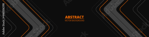 Black wide abstract horizontal banner with gray and orange lines, arrows and angles. Dark modern sporty bright futuristic horizontal abstract background. Wide vector illustration EPS10.