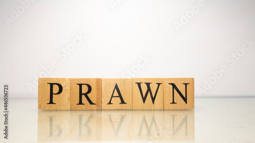 The name Prawn was created from wooden letter cubes. Seafood and food. photo