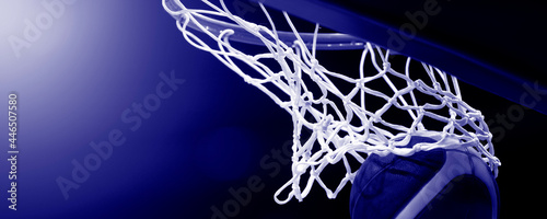 The orange basketball ball flies through the basket.  Blue color filter. Horizontal sport poster, greeting cards, headers, website photo
