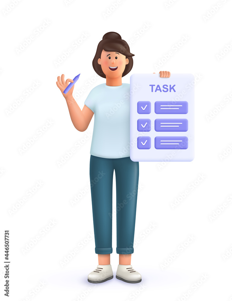 Young woman Jane with tasks on paper sheets, planning schedule to finish task on time. Deadline, assignments scheduling, work process organization concept. 3d vector people character illustration. Young woman Jane with tasks on paper sheets, planning schedule to finish task on time. Deadline, assignments scheduling, work process organization concept. 3d vector people character illustration.