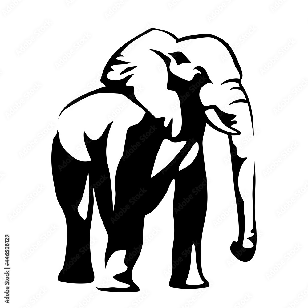 Vector black and white illustration of an elephant isolated on a white ...