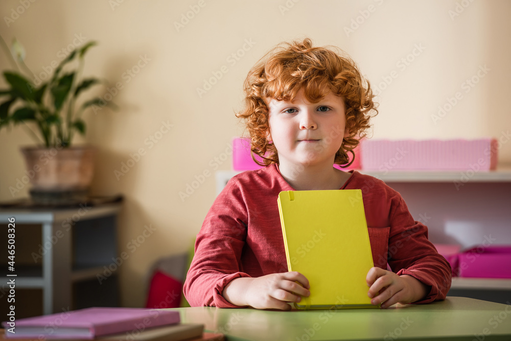 redhead boy looking at camera while sitting at desk with book redhead boy looking at camera while sitting at desk with book