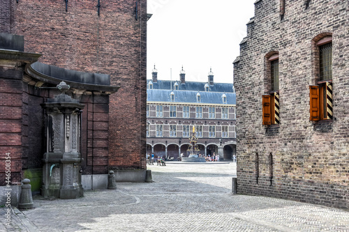 Binnenhof, The Hague, Holland. Netherlands. Walking from the Hofpoort with the water pump on the left and the Ridderzaal on the right, you can take a beautiful look at the courtyard