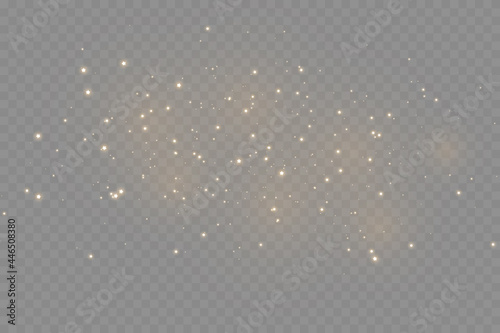 The dust sparks and golden stars shine with special light. Vector sparkles on a transparent background. . Vector illustration