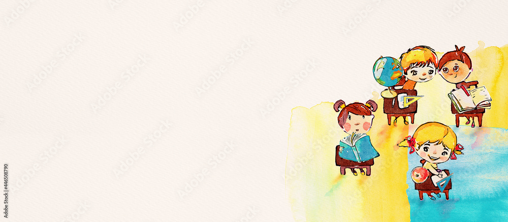 Watercolor school children. Education concept Watercolor school children. Education concept