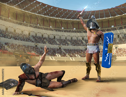 Gladiator fight in an ancient Roman colosseum. One gladiator on the ground begging for mercy, the other is victorious, 3d render.