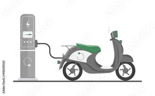 Environmentally friendly vehicles powered by renewable energy sources. The electric motorcycle is charged from an electricity source. Vector illustration isolated on white background.