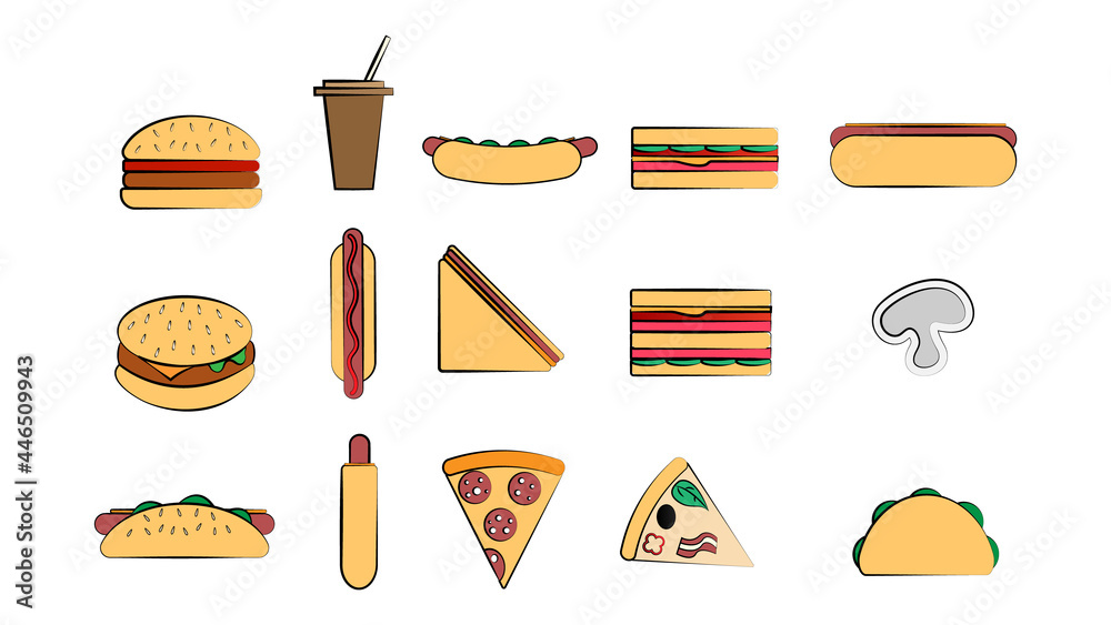 Set of 15 icons of items of delicious food and snacks for a cafe bar restaurant on a white background: burger, hot dog, sandwich, pizza, burrito, drink
