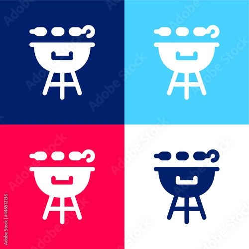 BBQ Grill blue and red four color minimal icon set