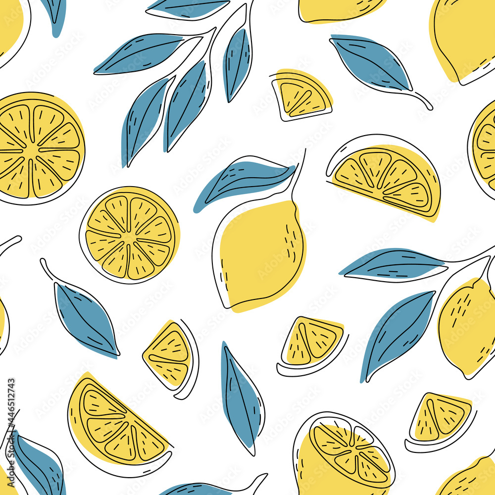 Obraz premium Seamless summer pattern with lemons and leaves.