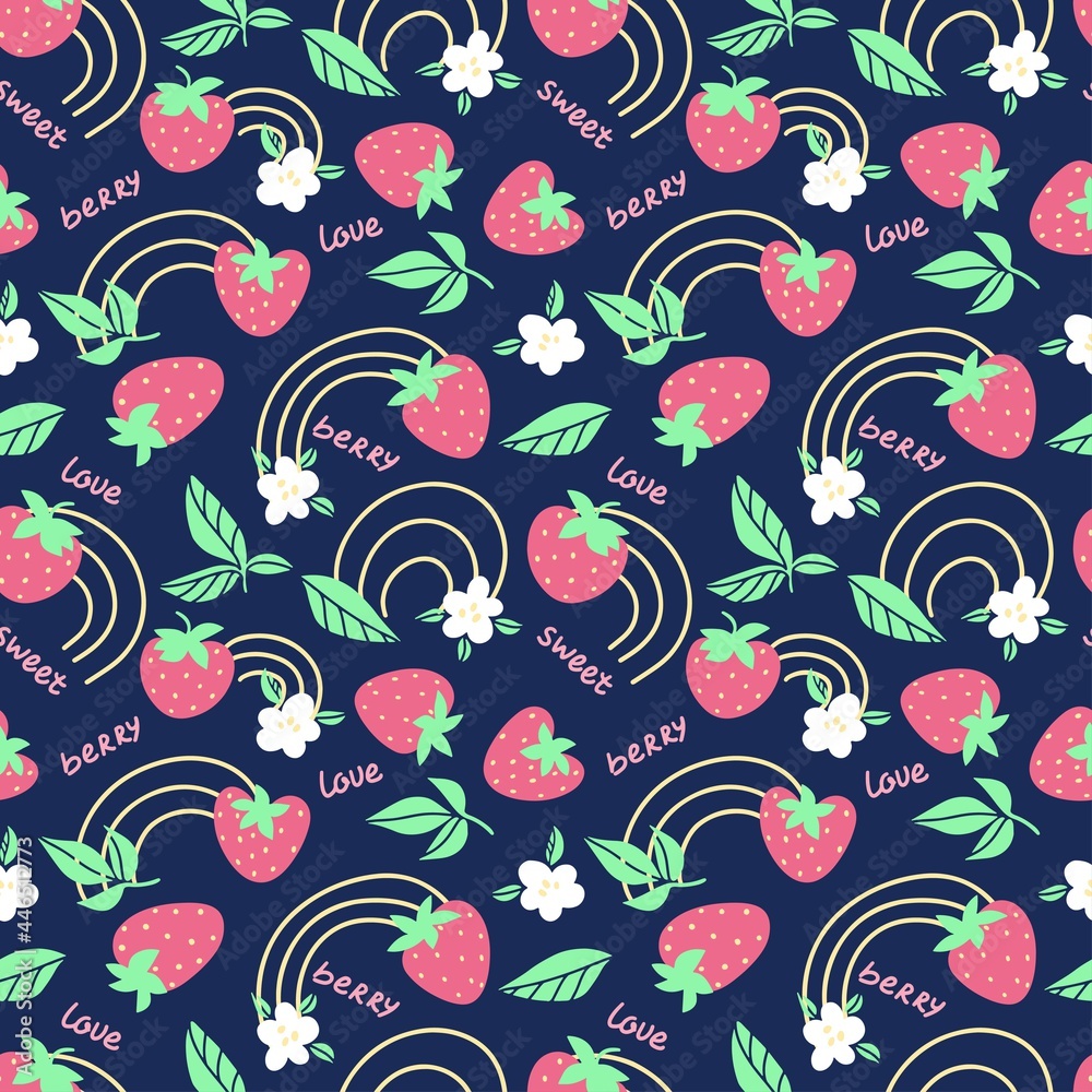 Strawberry seamless fruit pattern with flower, rainbow on dark blue backgrownd. Vector flat illustration. Summer fruit concept. design for textile, wallpaper, wrapping, backdrop Strawberry seamless fruit pattern with flower, rainbow on dark blue backgrownd. Vector flat illustration. Summer fruit concept. design for textile, wallpaper, wrapping, backdrop