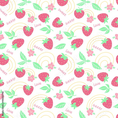 Strawberry seamless fruit pattern on white backgrownd. Vector flat illustration. Summer fruit concept. design for textile, wallpaper, wrapping, backdrop