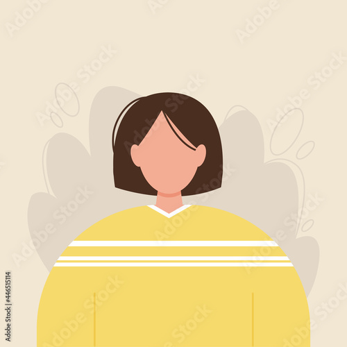 Woman portrait. Brunette girl avatar in yellow clothes with short hair. Female vector illustration.
