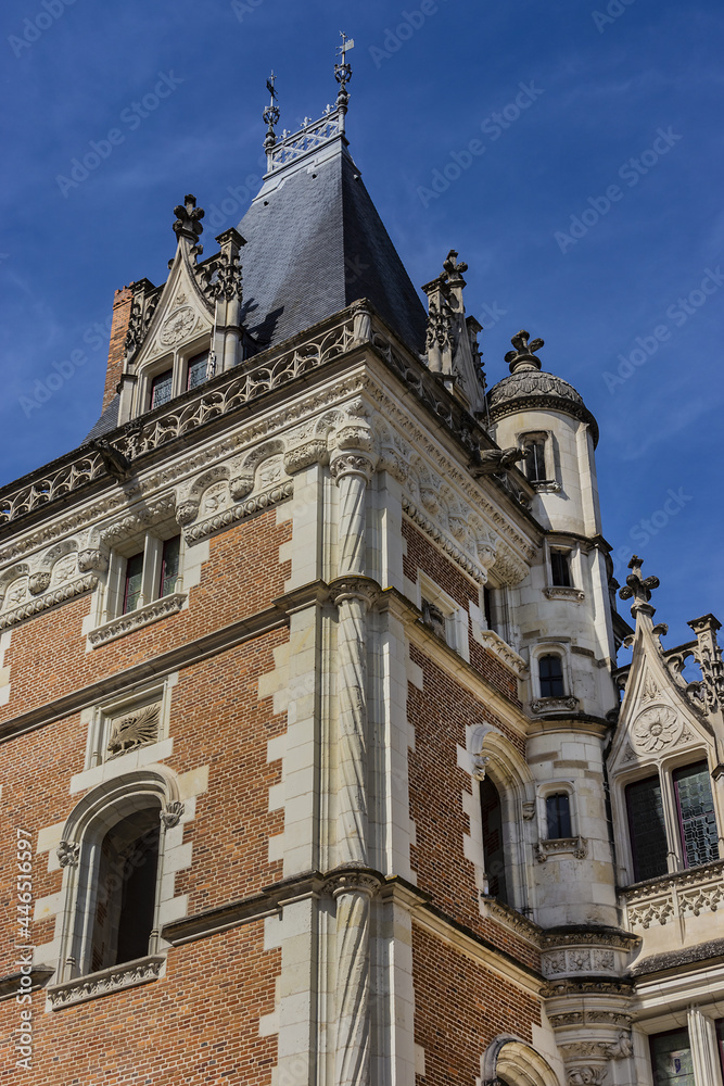 Architectural fragments of Royal Chateau de Blois (old residence of 7 kings and 10 queens of France, XIII - XVII century), located in Loir-et-Cher departement, Loire Valley, France, in city of Blois.
