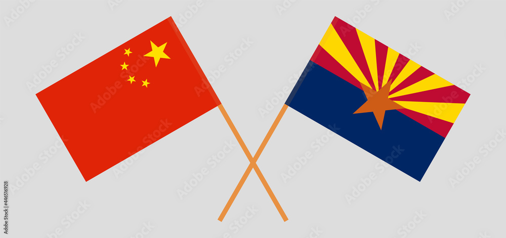 Crossed flags of China and the State of Arizona. Official colors. Correct proportion Crossed flags of China and the State of Arizona. Official colors. Correct proportion