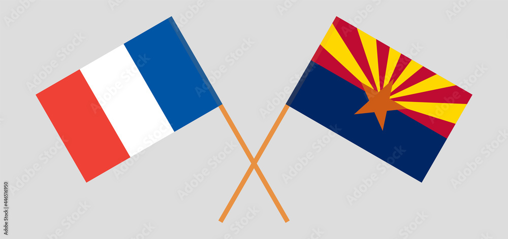Crossed flags of France and the State of Arizona. Official colors. Correct proportion